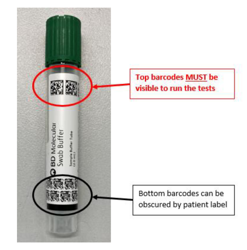 New BD Cor collection media with labelling identifying barcodes that must not be obstructed